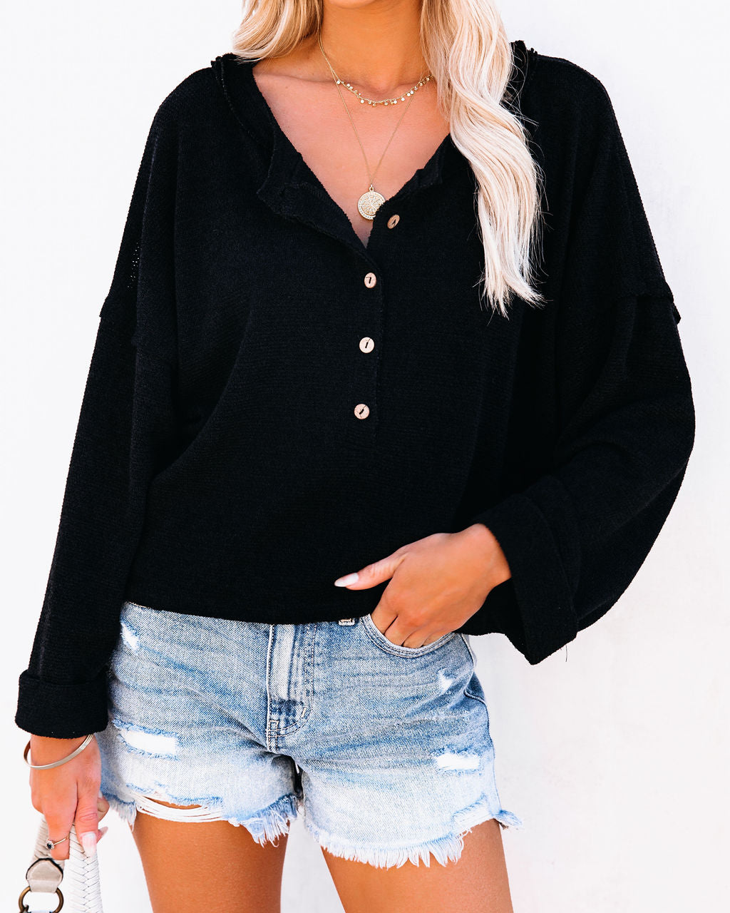 Windswept Relaxed Knit Henley Top - Black