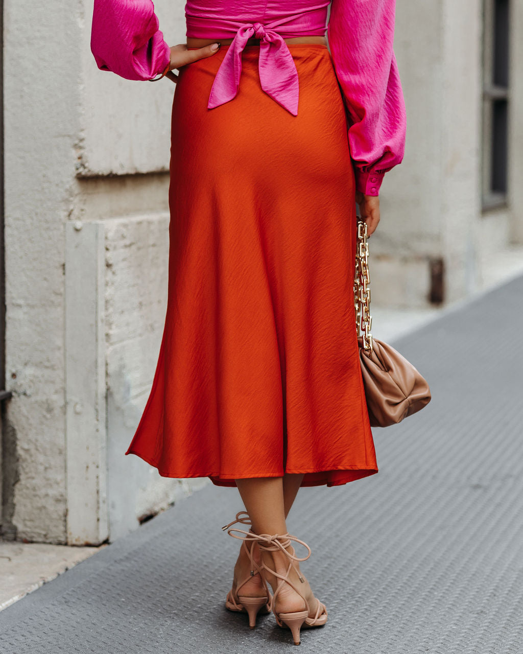 Wishful Satin Slit Midi Skirt - Orange