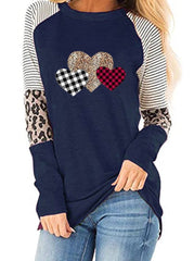 Women Valentine Leopard Print Stripe Spliced Top