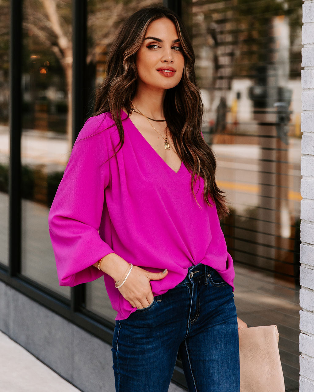 Work Life Balance V-Neck Blouse - Orchid