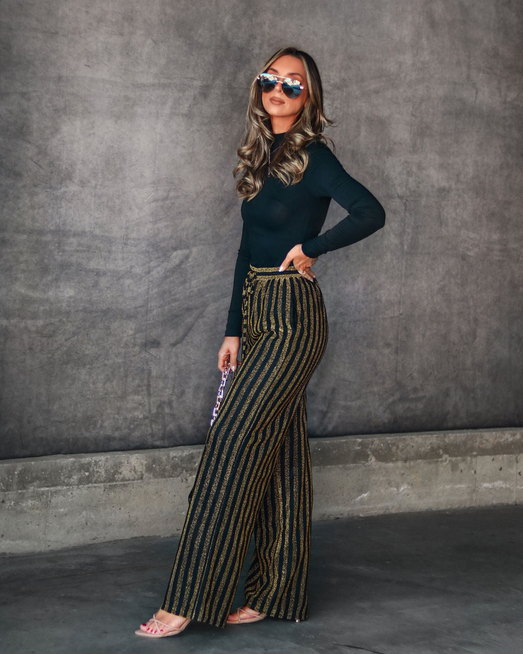 Wynona Pocketed Stripe Metallic Pants - Black/Gold