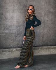 Wynona Pocketed Stripe Metallic Pants - Black/Gold