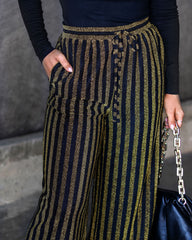 Wynona Pocketed Stripe Metallic Pants - Black/Gold