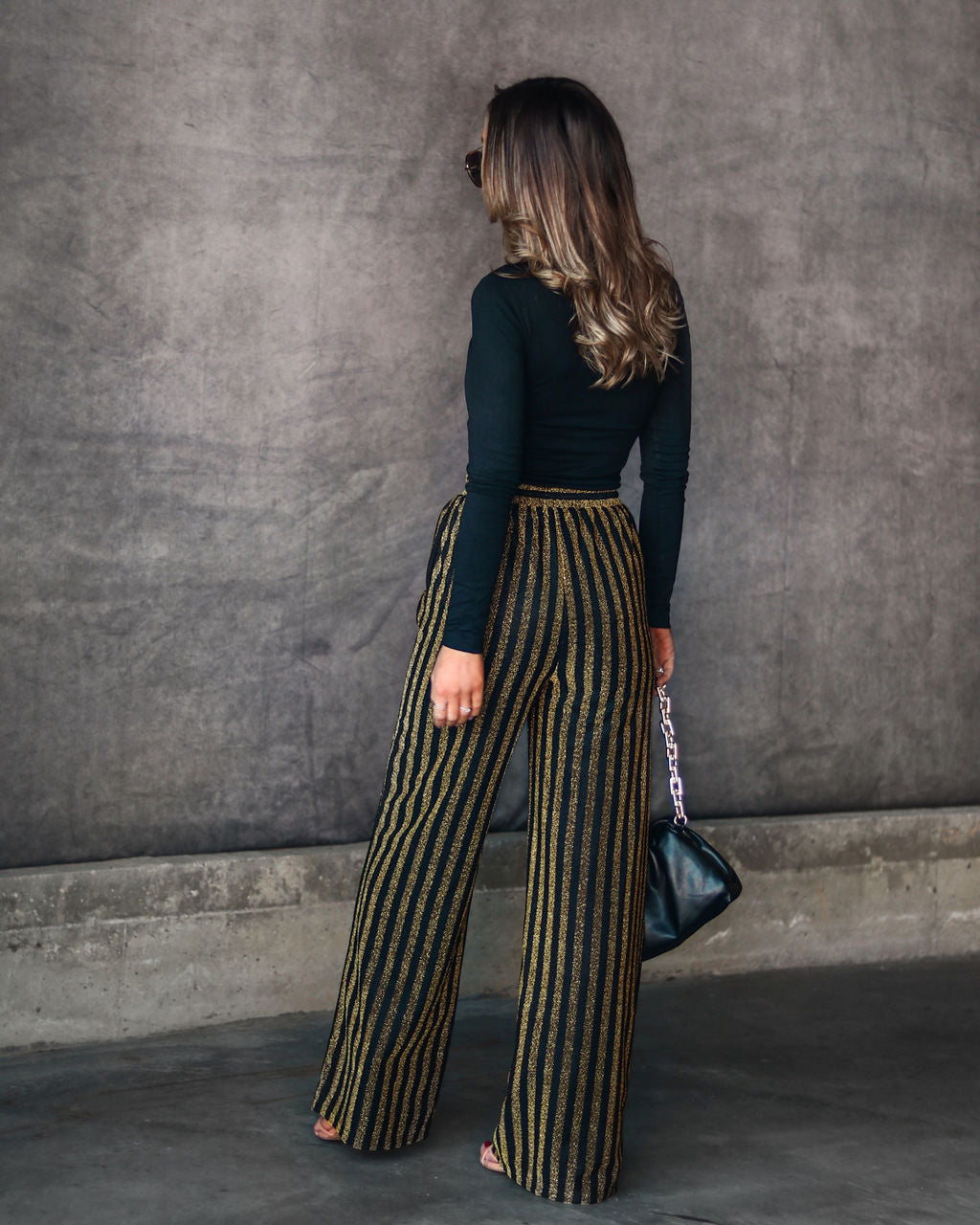 Wynona Pocketed Stripe Metallic Pants - Black/Gold