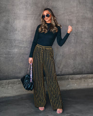 Wynona Pocketed Stripe Metallic Pants - Black/Gold