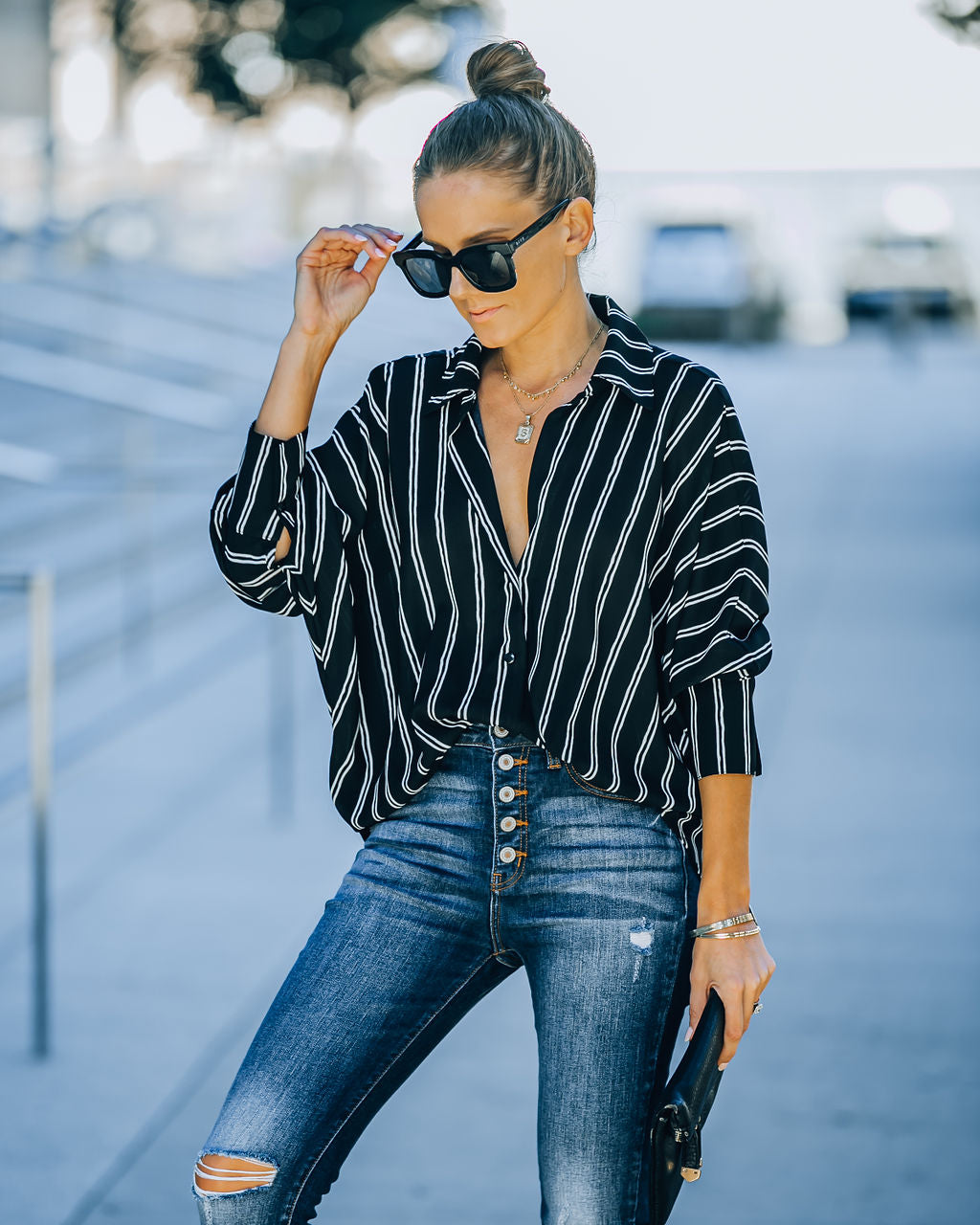 Xara Striped Button Down Blouse - Black