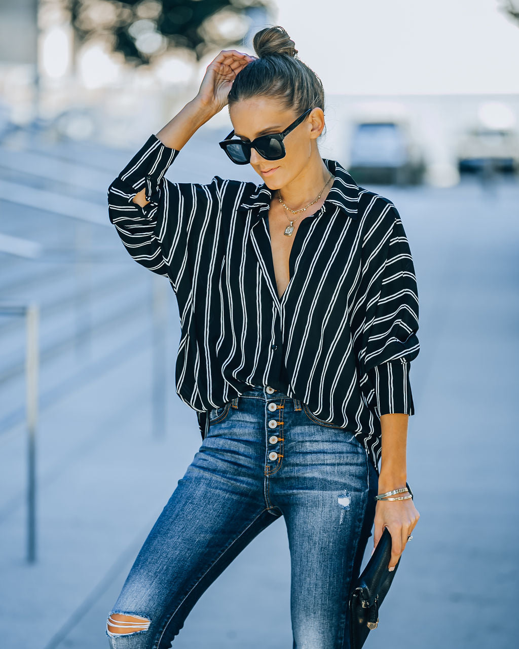 Xara Striped Button Down Blouse - Black