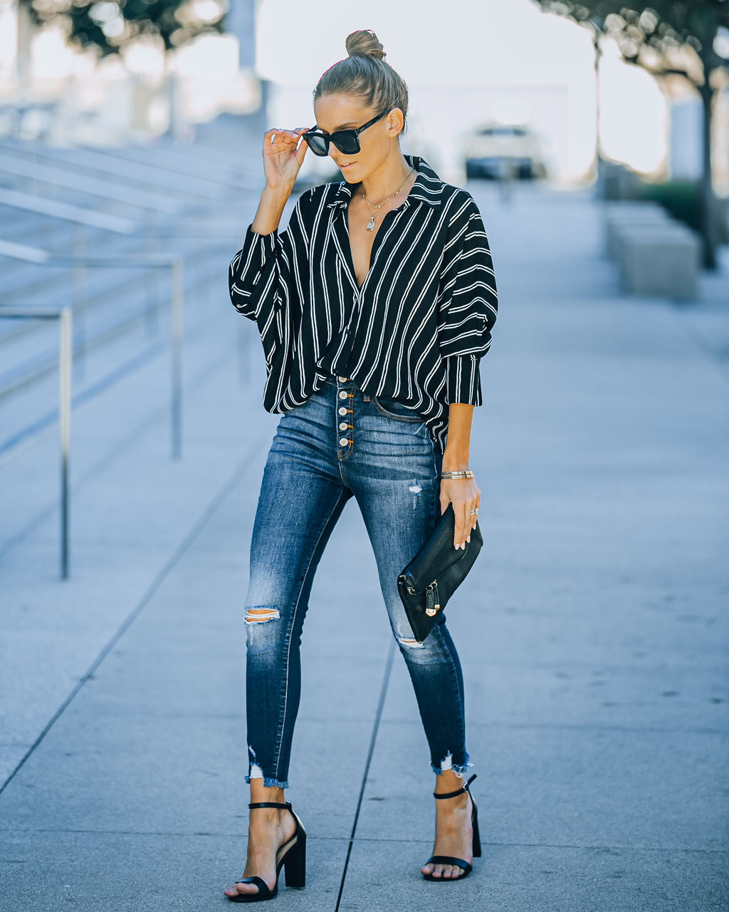 Xara Striped Button Down Blouse - Black