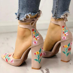 Floral Embroidered Pointed Toe Chunky Heeled Sandals