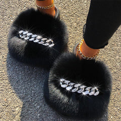 Fur Fluffy Flip Flops Diamond Chain Slippers