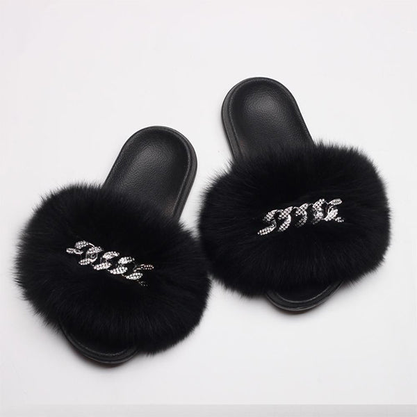 Fur Fluffy Flip Flops Diamond Chain Slippers