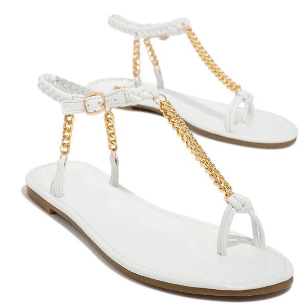 Gold-Tone Chain Braided Ankle Strap Toe Loop Sandals