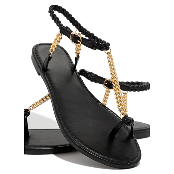 Gold-Tone Chain Braided Ankle Strap Toe Loop Sandals