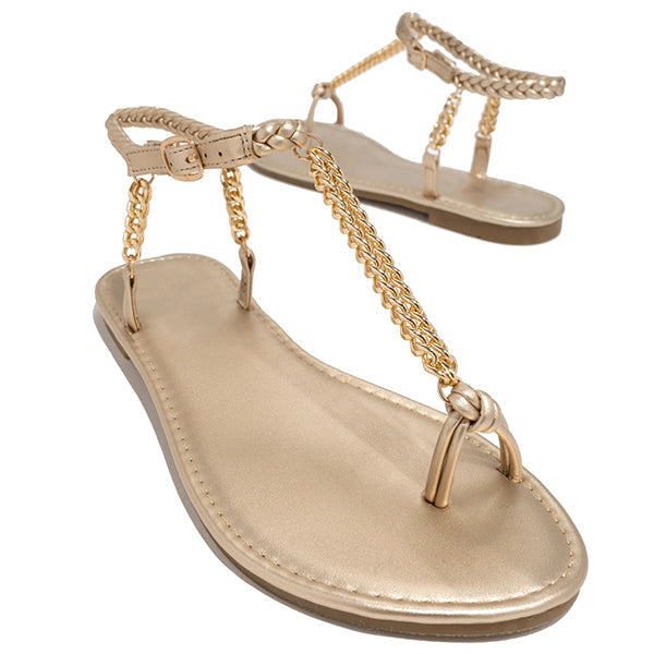 Gold-Tone Chain Braided Ankle Strap Toe Loop Sandals