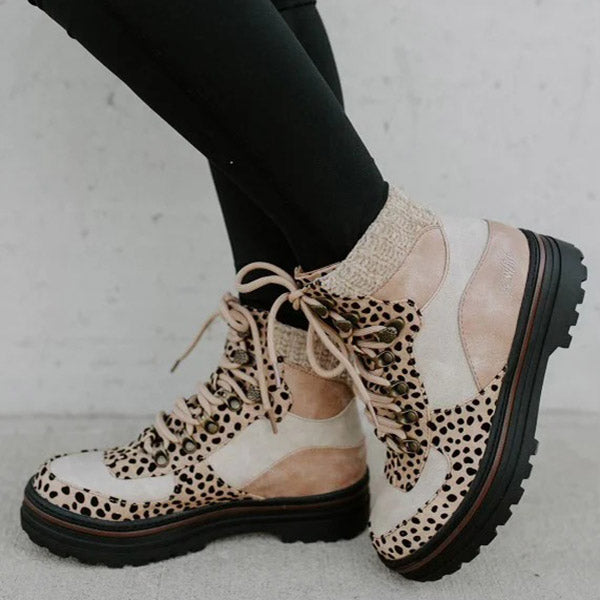 Leopard Color Block High Top Lace Up Martin Boots