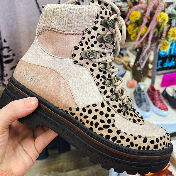 Leopard Color Block High Top Lace Up Martin Boots