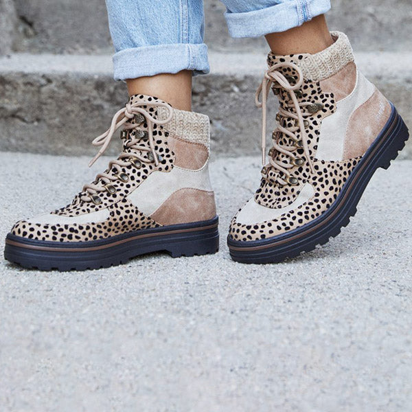 Leopard Color Block High Top Lace Up Martin Boots