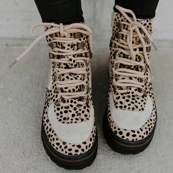 Leopard Color Block High Top Lace Up Martin Boots