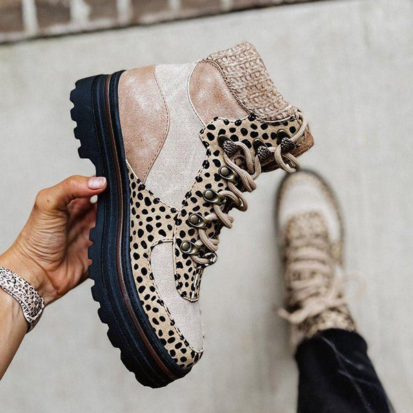 Leopard Color Block High Top Lace Up Martin Boots