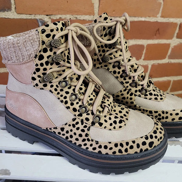 Leopard Color Block High Top Lace Up Martin Boots