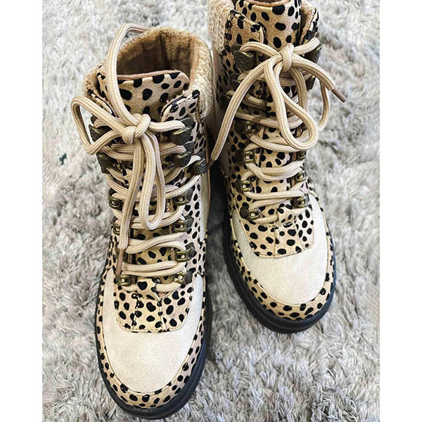 Leopard Color Block High Top Lace Up Martin Boots