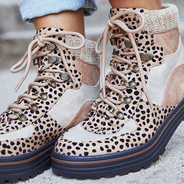 Leopard Color Block High Top Lace Up Martin Boots