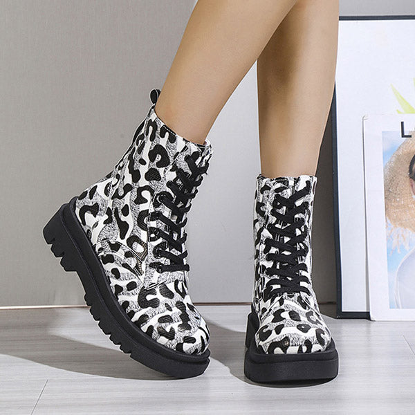 Lace-Up Front Leopard Round Toe Block Heel Thread Boots