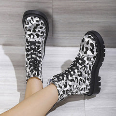 Lace-Up Front Leopard Round Toe Block Heel Thread Boots