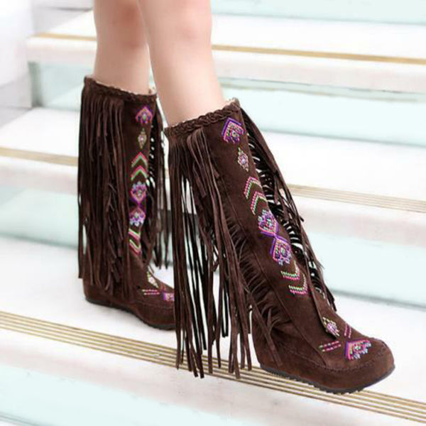 Ethnic Tassels Floral Embroidery Mid Calf Boots