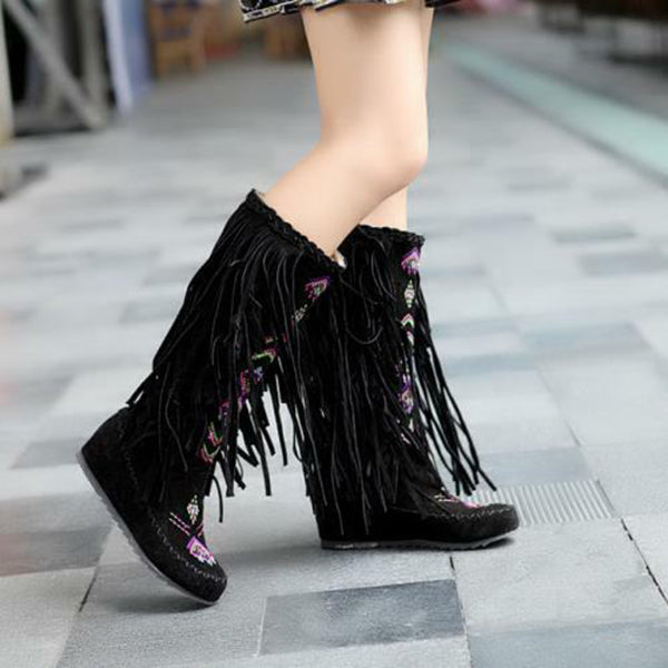 Ethnic Tassels Floral Embroidery Mid Calf Boots