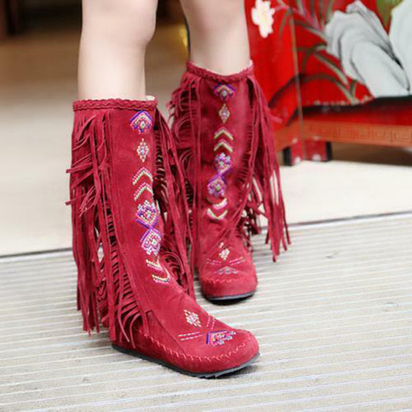 Ethnic Tassels Floral Embroidery Mid Calf Boots