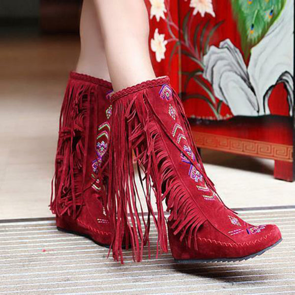 Ethnic Tassels Floral Embroidery Mid Calf Boots