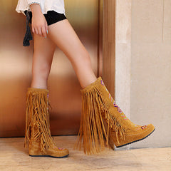 Ethnic Tassels Floral Embroidery Mid Calf Boots