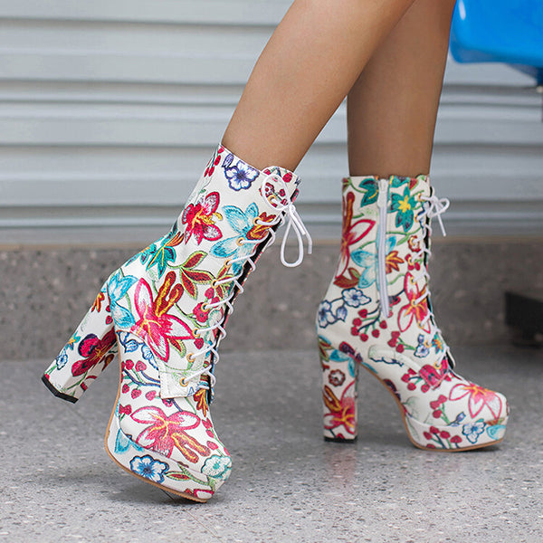 High Block Heel Floral Bohemian Lace Up Ankle Boots