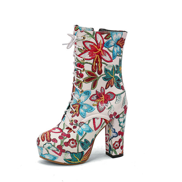 High Block Heel Floral Bohemian Lace Up Ankle Boots