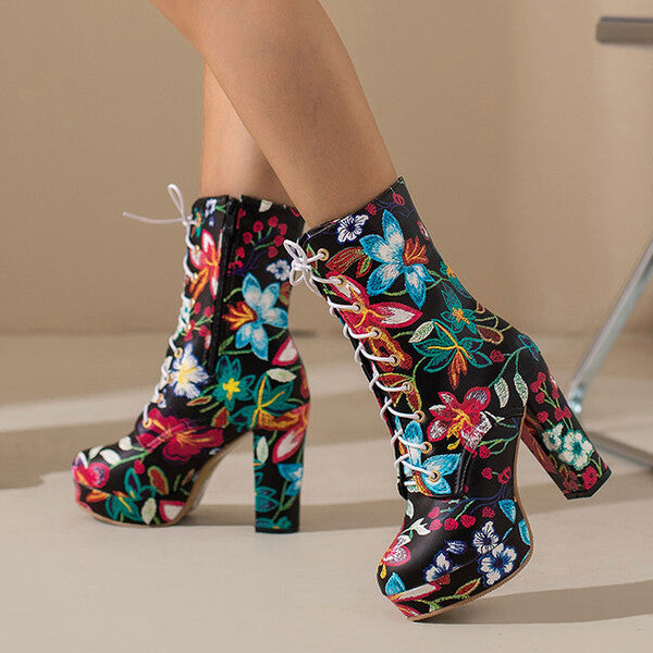 High Block Heel Floral Bohemian Lace Up Ankle Boots