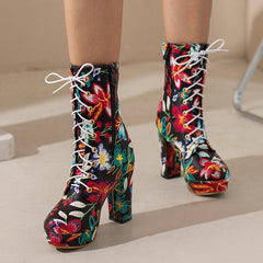 High Block Heel Floral Bohemian Lace Up Ankle Boots