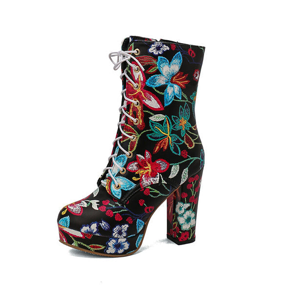 High Block Heel Floral Bohemian Lace Up Ankle Boots