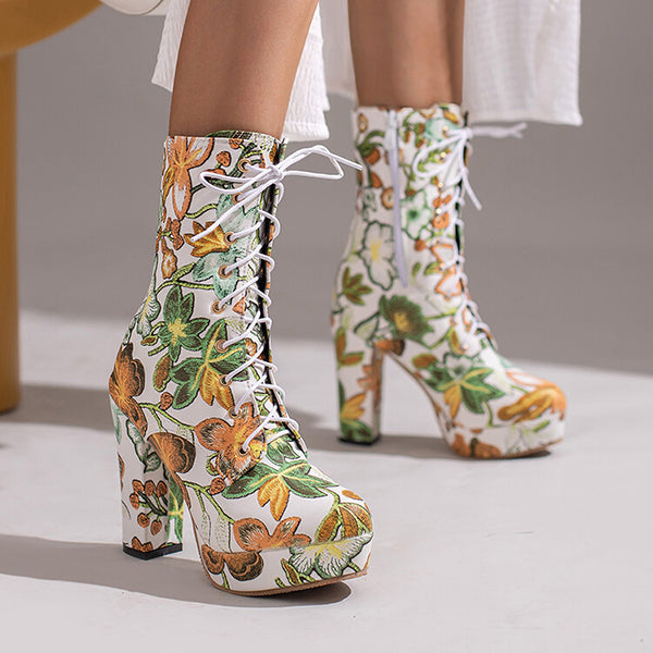 High Block Heel Floral Bohemian Lace Up Ankle Boots