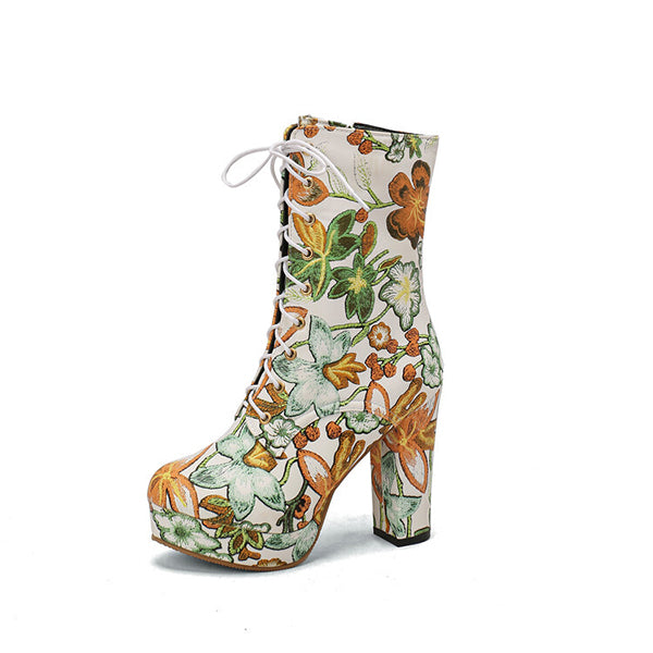 High Block Heel Floral Bohemian Lace Up Ankle Boots