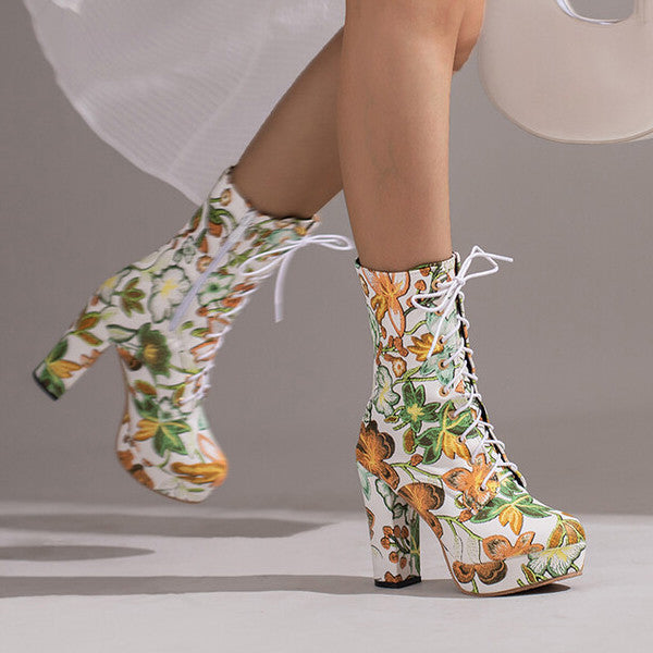 High Block Heel Floral Bohemian Lace Up Ankle Boots