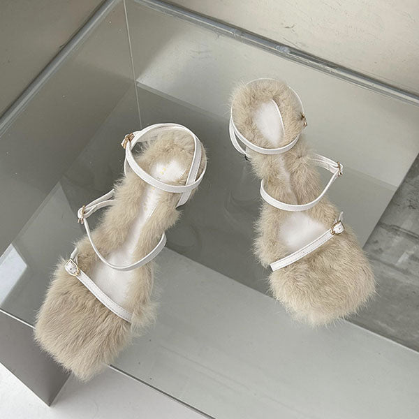 Fur Straps Buckle Stiletto Heeled Sandals