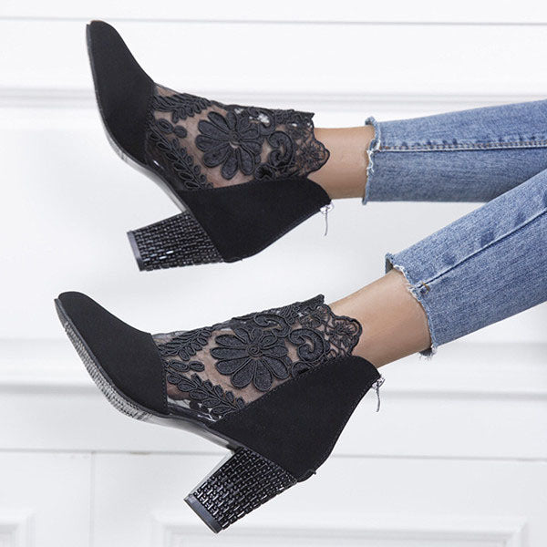 Applique Stitching Lace Zipper Floral Boots