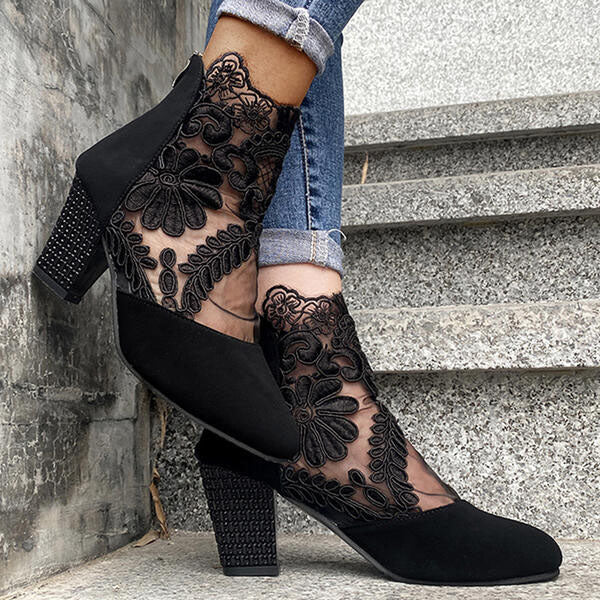 Applique Stitching Lace Zipper Floral Boots