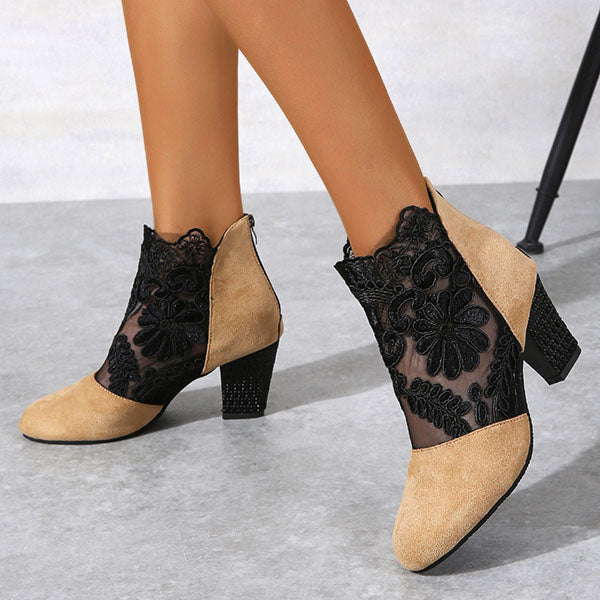 Applique Stitching Lace Zipper Floral Boots