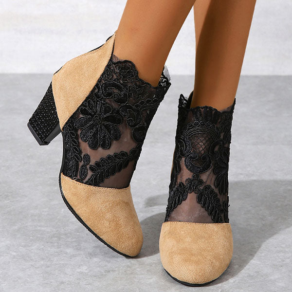 Applique Stitching Lace Zipper Floral Boots