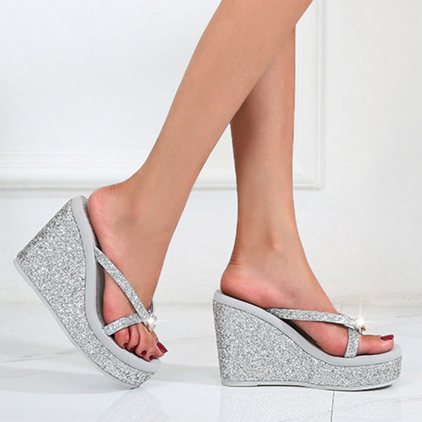 Bling Sequined Crystal Super High Heeled Flip Flops