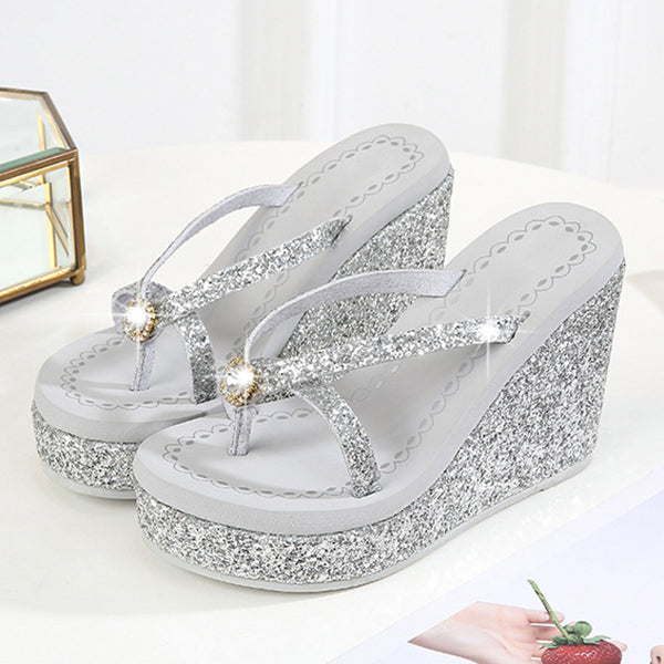 Bling Sequined Crystal Super High Heeled Flip Flops