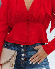 Yeva Cropped Button Down Ruffle Blouse - Red