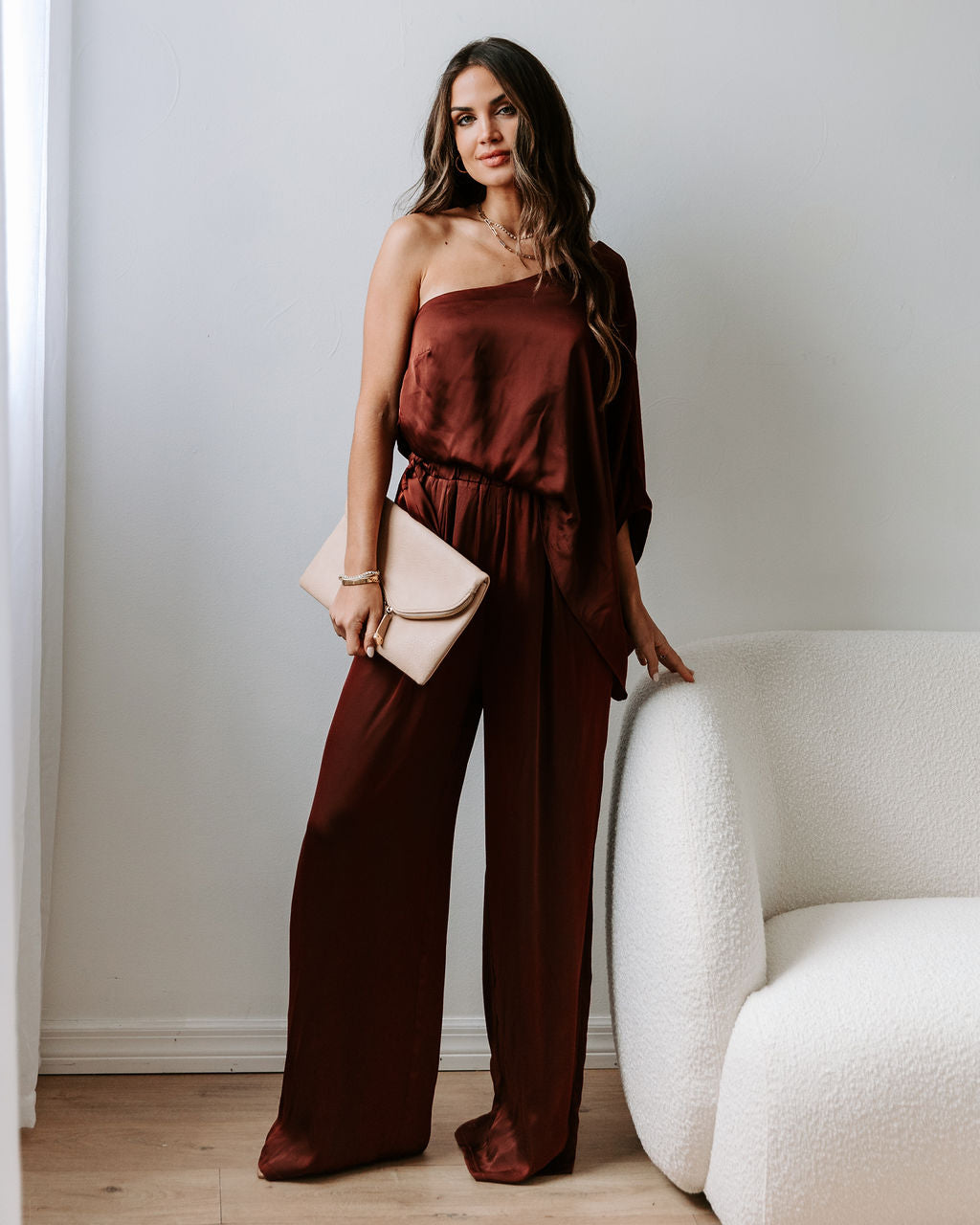 Yolanda Satin Pocketed One Shoulder Jumpsuit - Brown